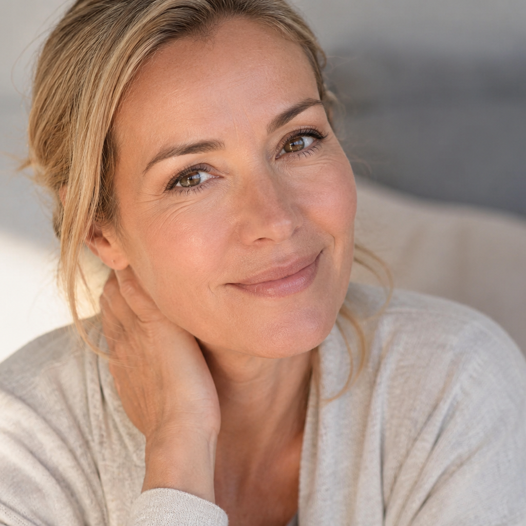 Lächelnde Frau mit natürlicher Haut zum Thema Slow Aging