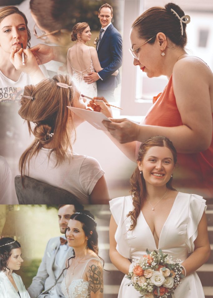 Collage mit Braut und Hochzeitsgästen während des gemeinsamen Stylings
