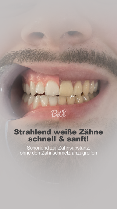 Strahlend weiße Zähne mit Text über schnellere und effektivere Zahnpflege.