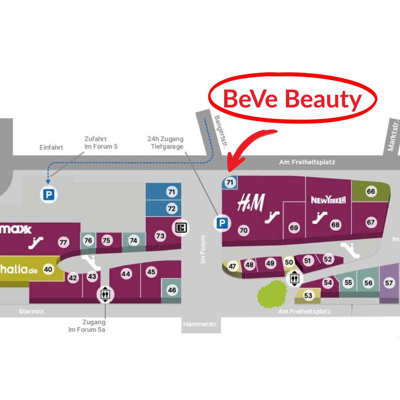 Eingang zum Kosmetikstudio BeVe Beauty in Hanau am Freiheitsplatz